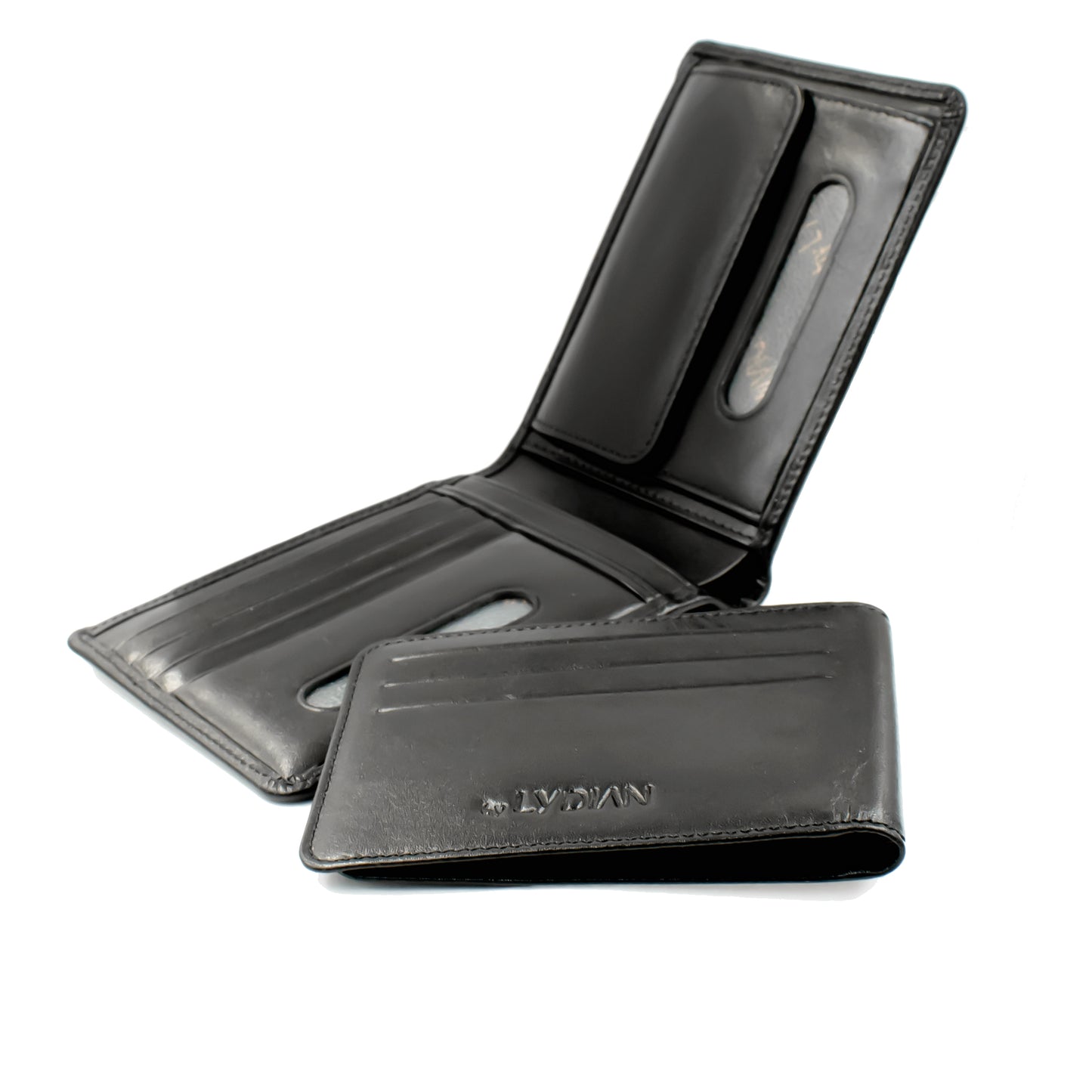 Black Leather Wallet with Name & Personal Text in Wooden Box