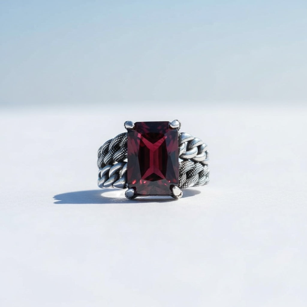 925 Silver Men's Ring With Red Stone