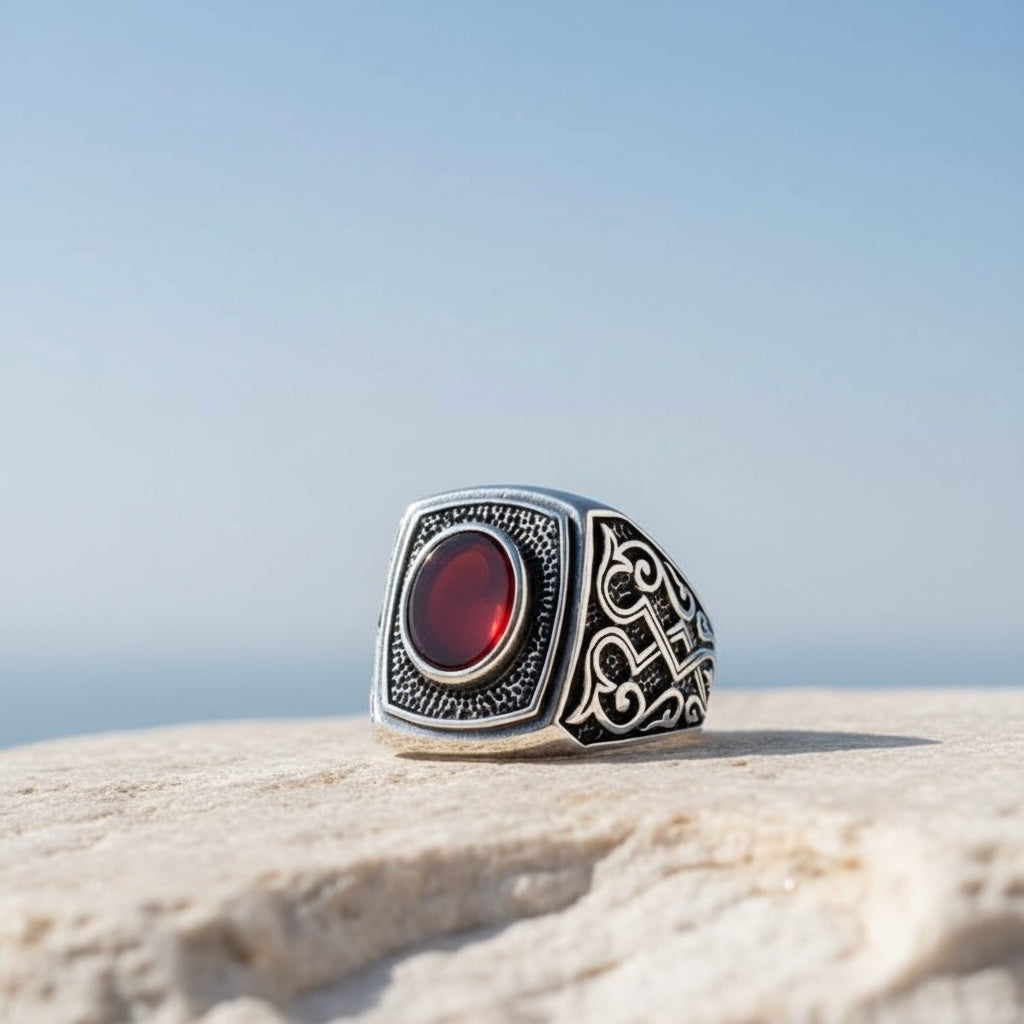 Silver men's ring with agate stone