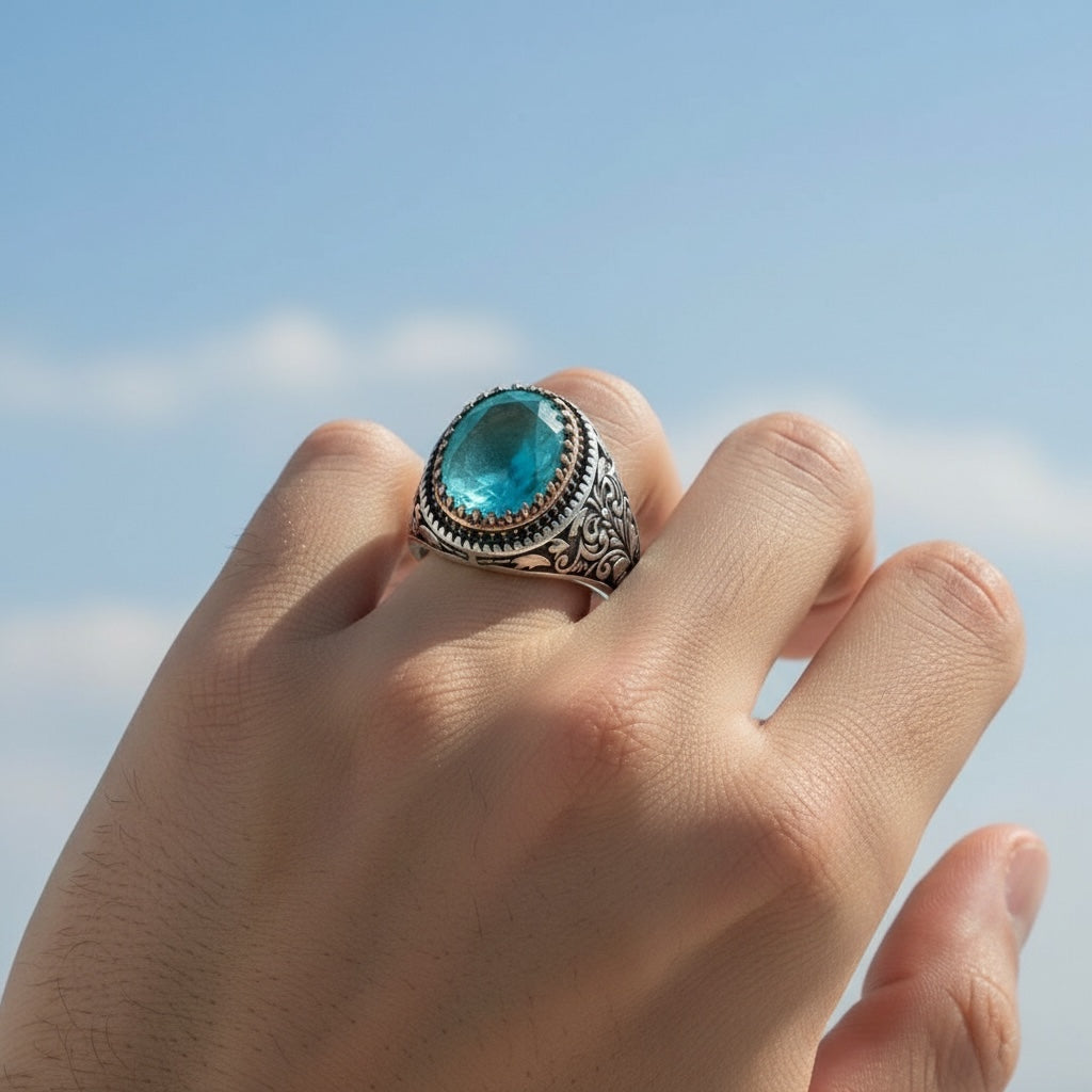 Men's ring with paraiba stone - 925 sterling silver