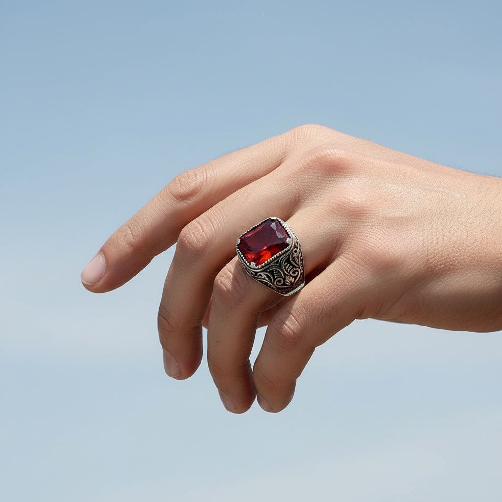 925 Silver Men's Ring With Red Stone
