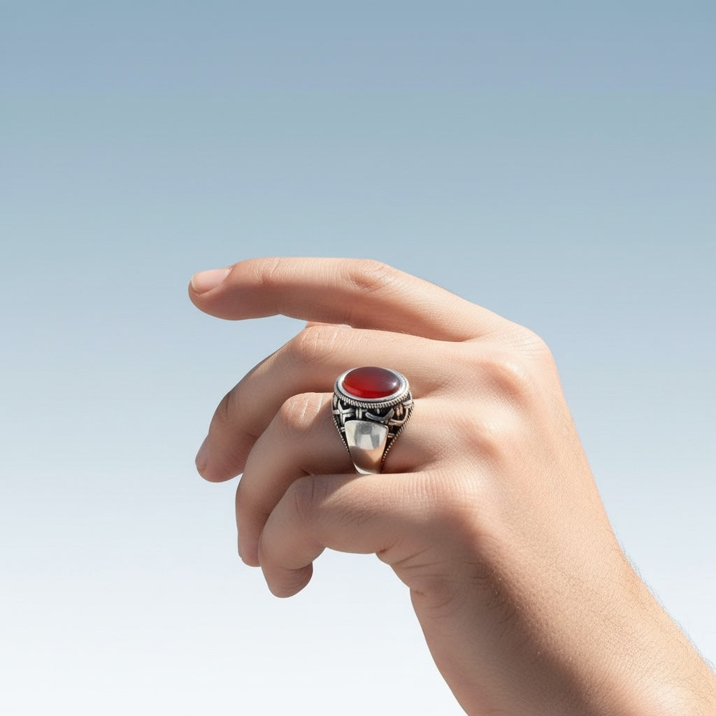 Silver men's ring with agate stone