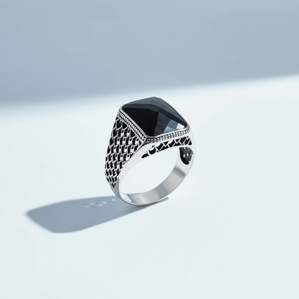 925 Silver Men's Ring With Black Stone LMR295