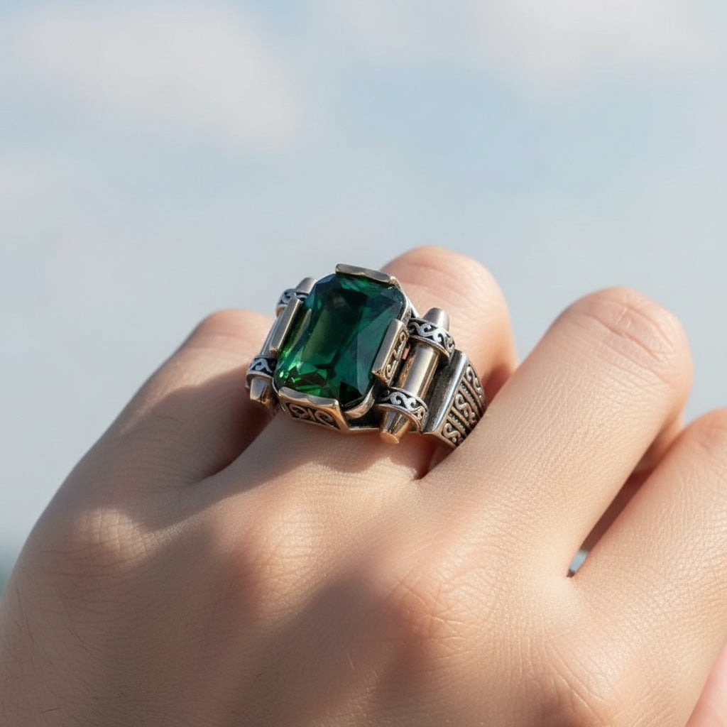 Men's ring with green Zirconia - 925 sterling silver