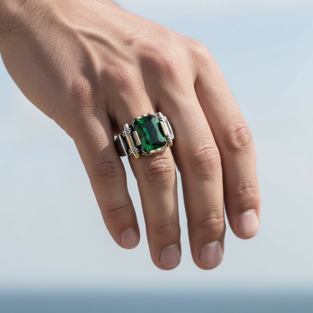 Men's ring with green Zirconia - 925 sterling silver