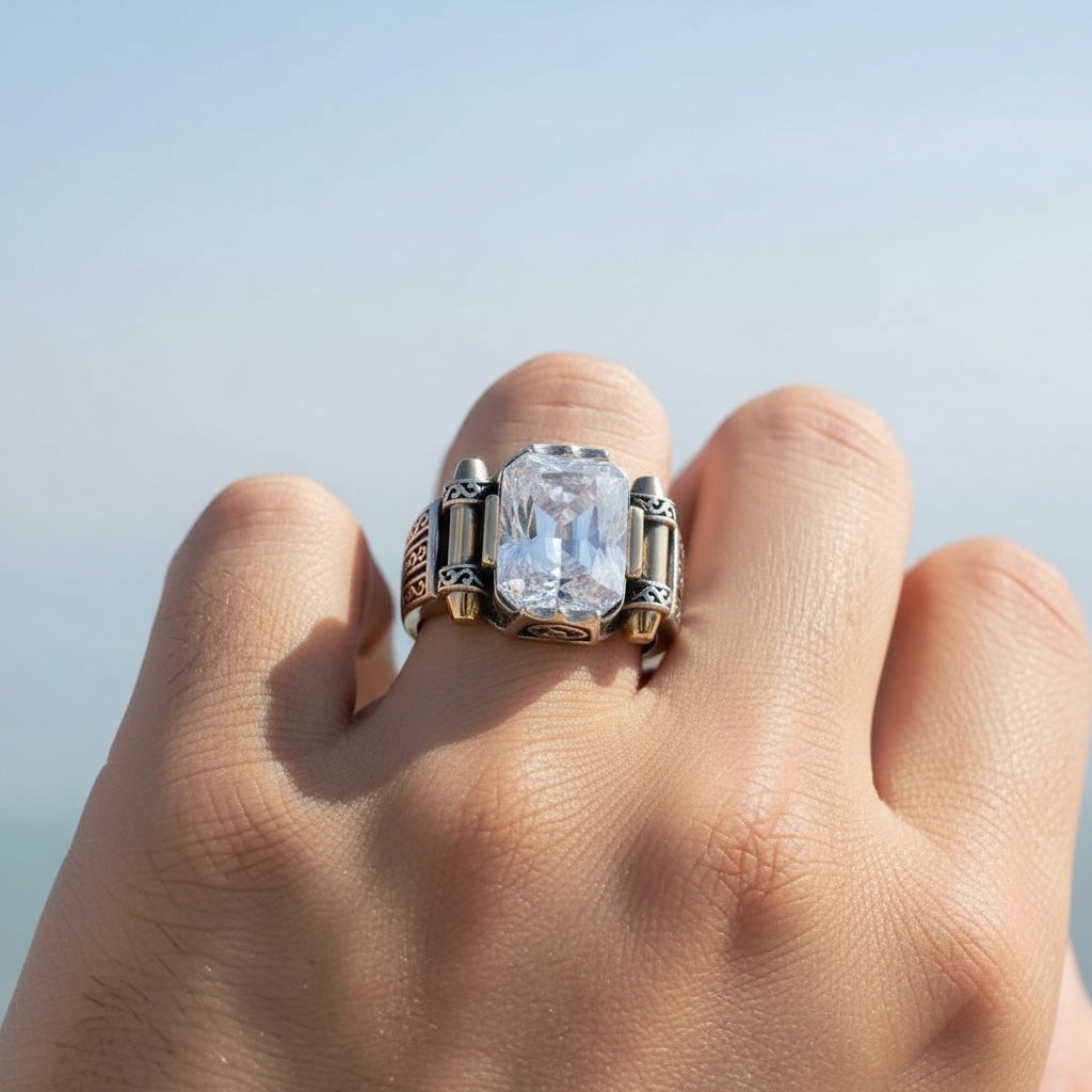 Men's ring with white Zirconia - 925 Sterling Silver