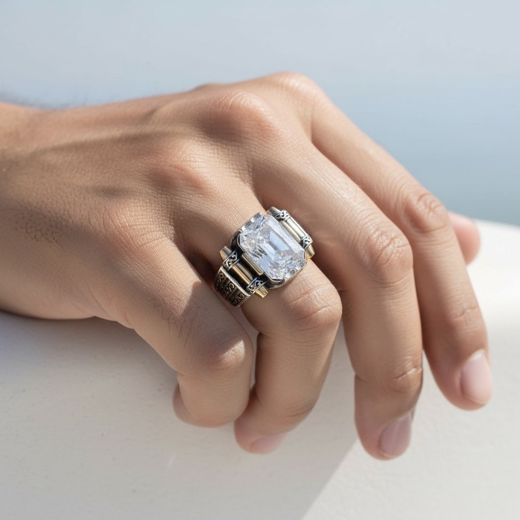 Men's ring with white Zirconia - 925 Sterling Silver