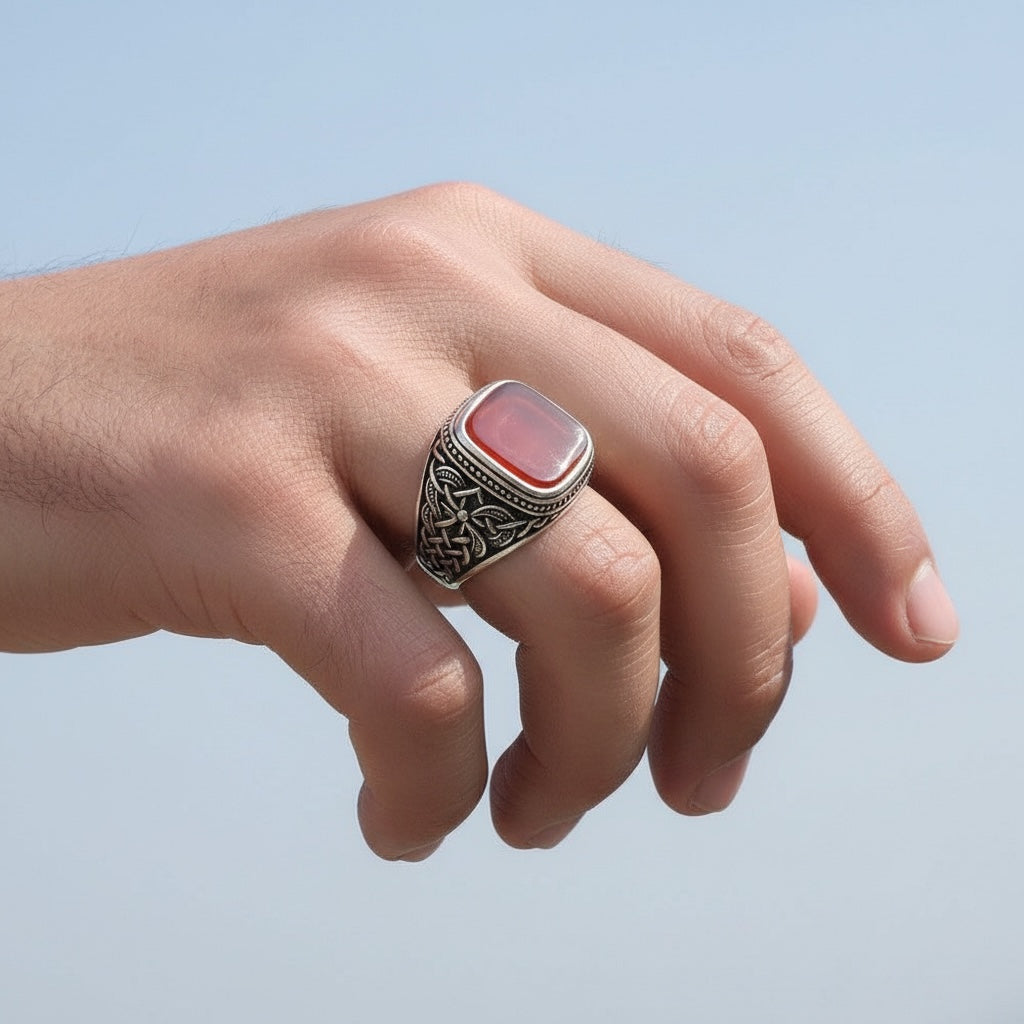 Silver men's ring with agate stone