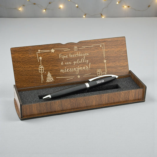 Modern Black Ballpoint Pen with Name – Wooden Gift Box with Christmas Wish