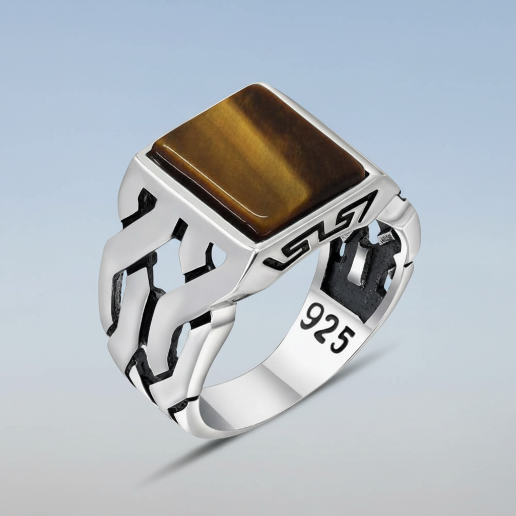 925 Silver Mens Ring With Tiger Eye Stone LMR263