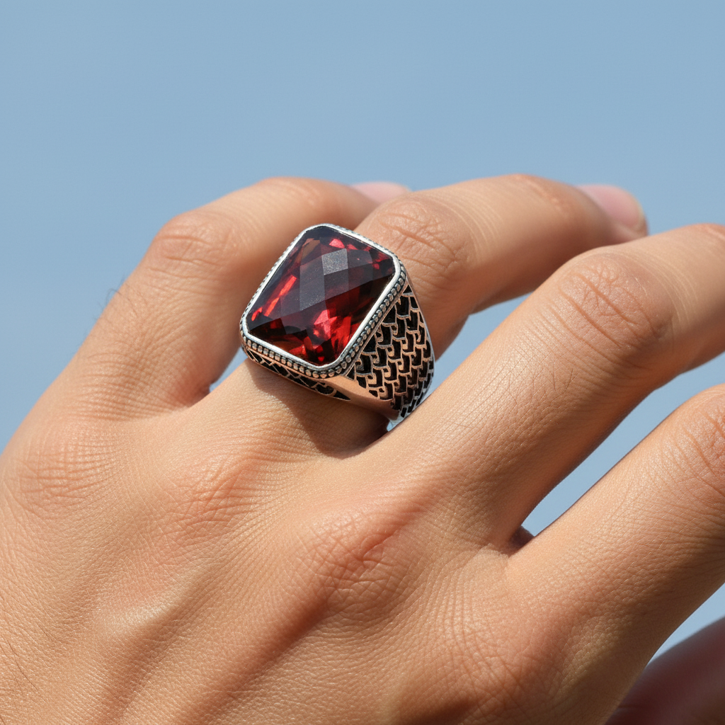 925 Silver Men's Ring With Red Stone LMR296