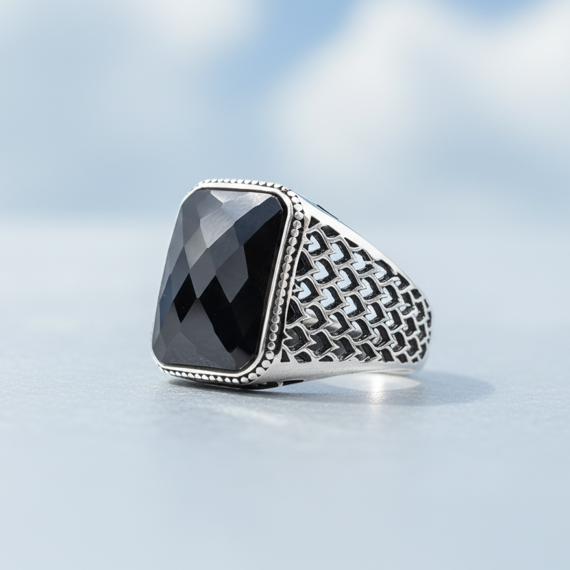 925 Silver Men's Ring With Black Stone LMR295