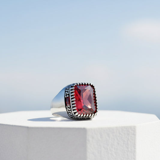 925 Silver Men's Ring With Red Stone