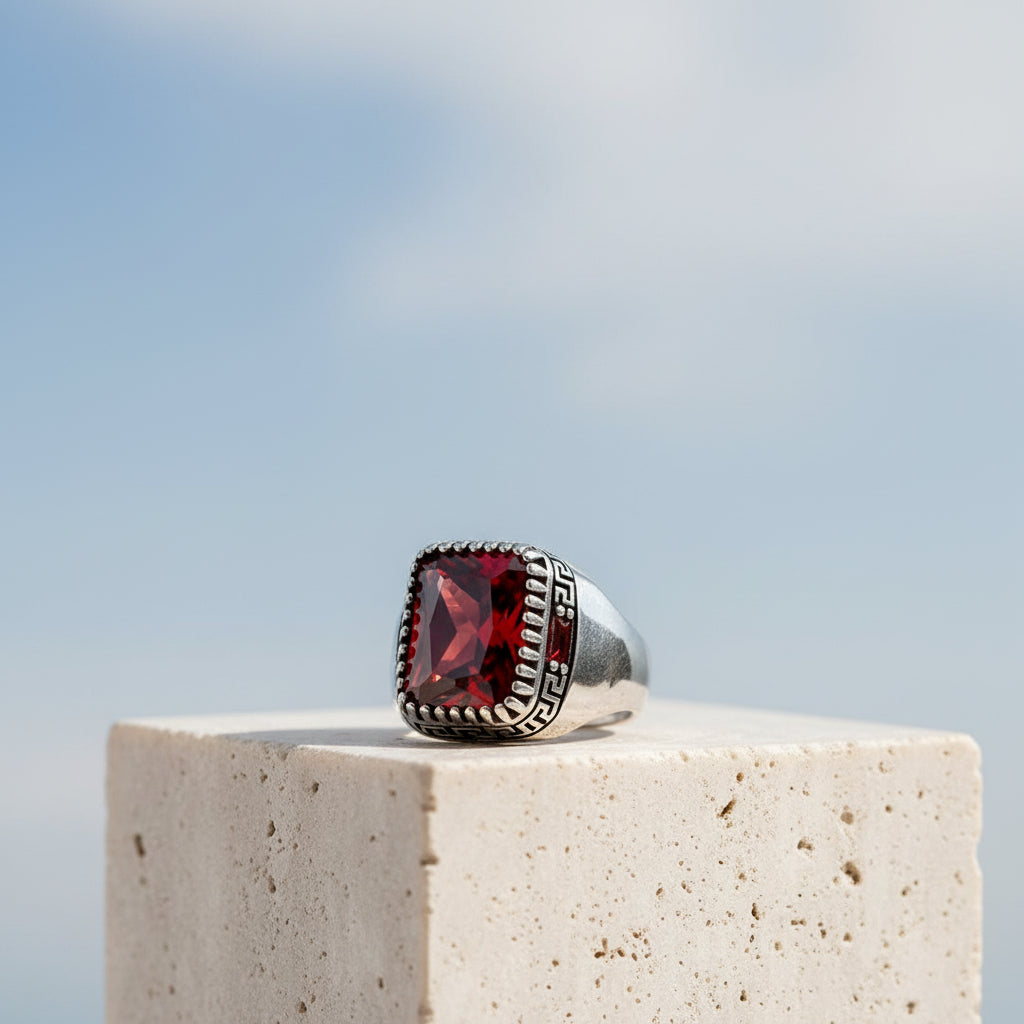 925 Silver Men's Ring With Red Stone