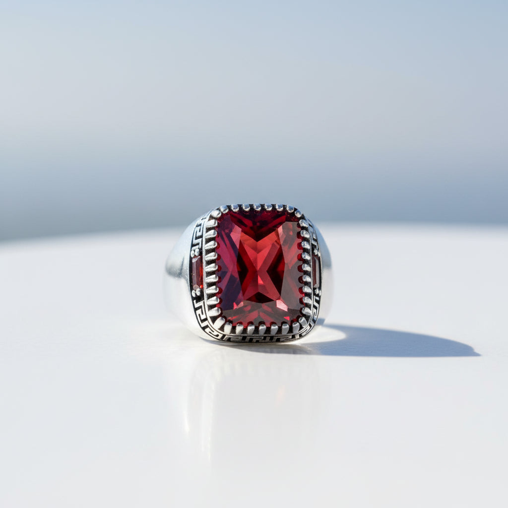 925 Silver Men's Ring With Red Stone