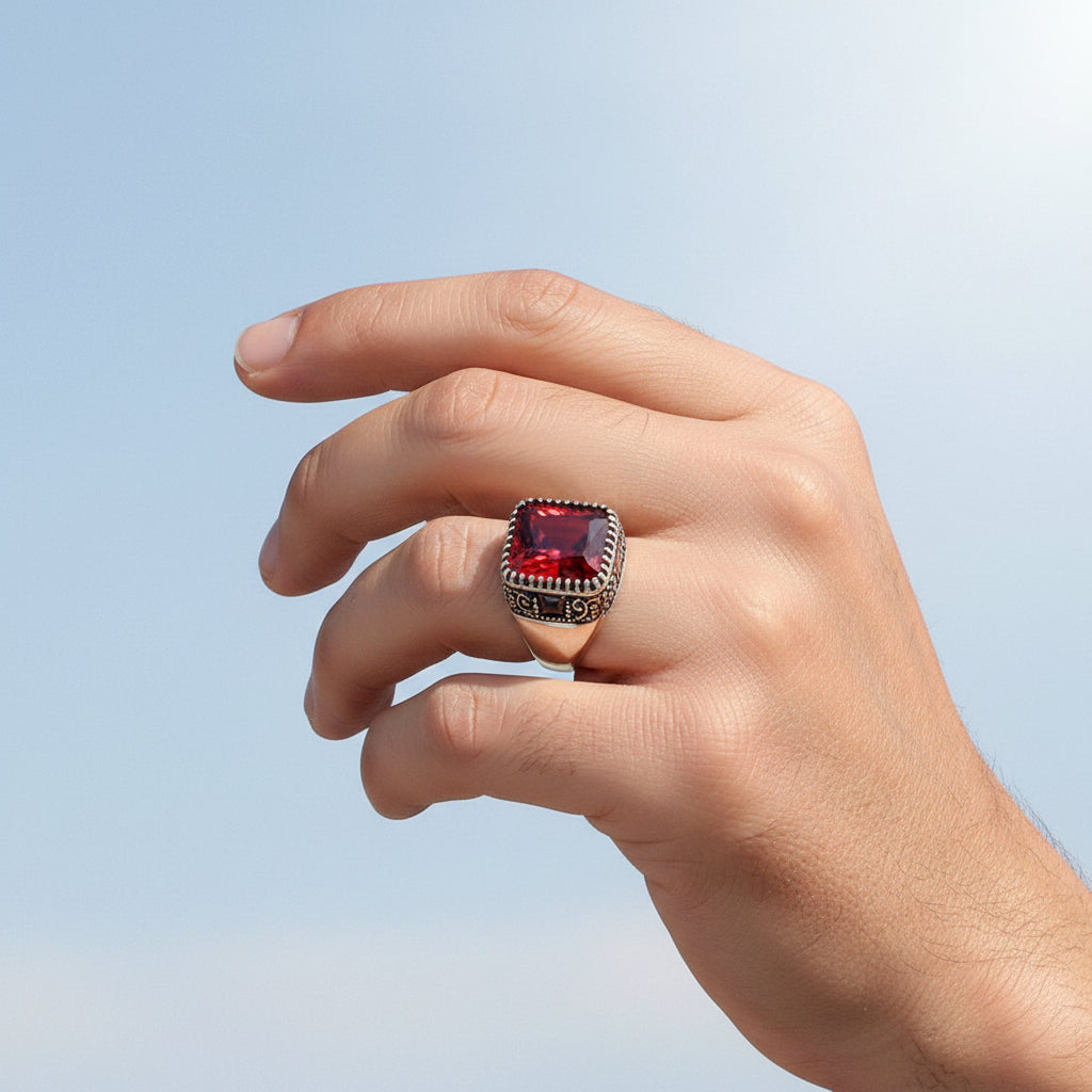925 Silver Men's Ring With Red Stone
