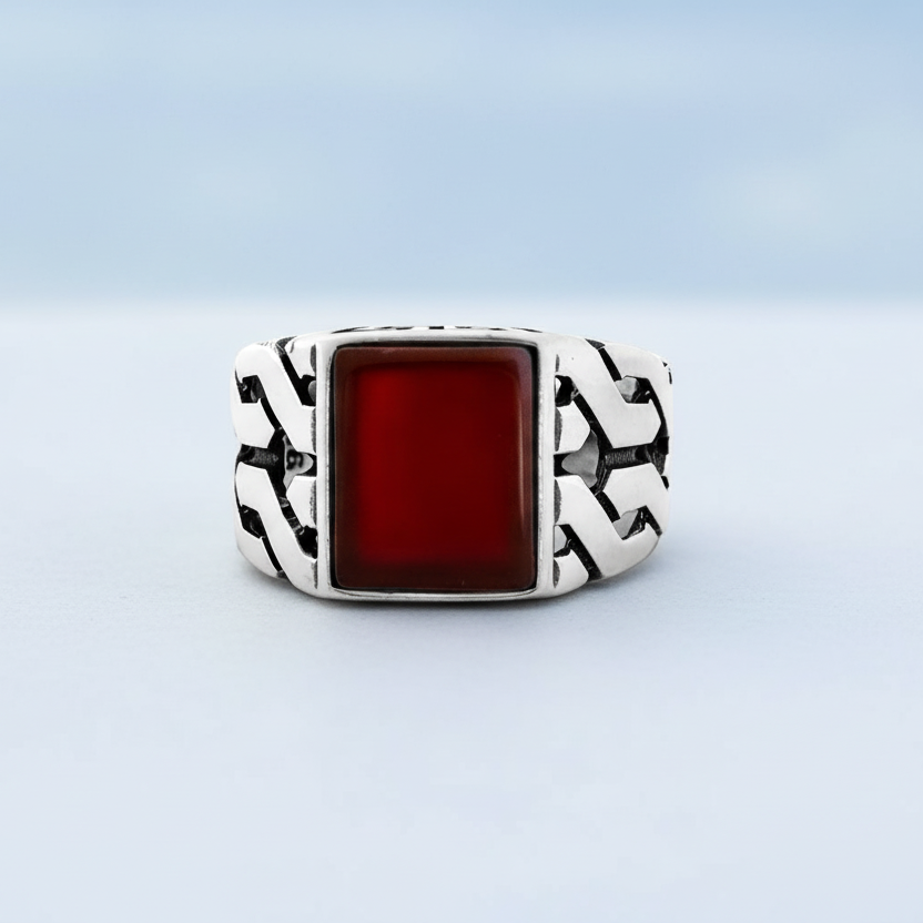 925 Silver Mens Ring With Red Agate Stone LMR505