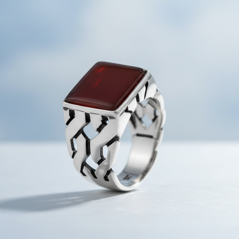 925 Silver Mens Ring With Red Agate Stone LMR505