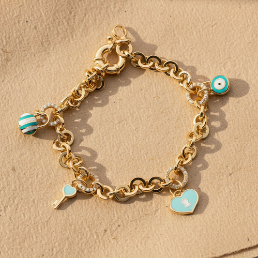 Charm Armband met Hart, Sleutel en Nazar | 925 Zilver