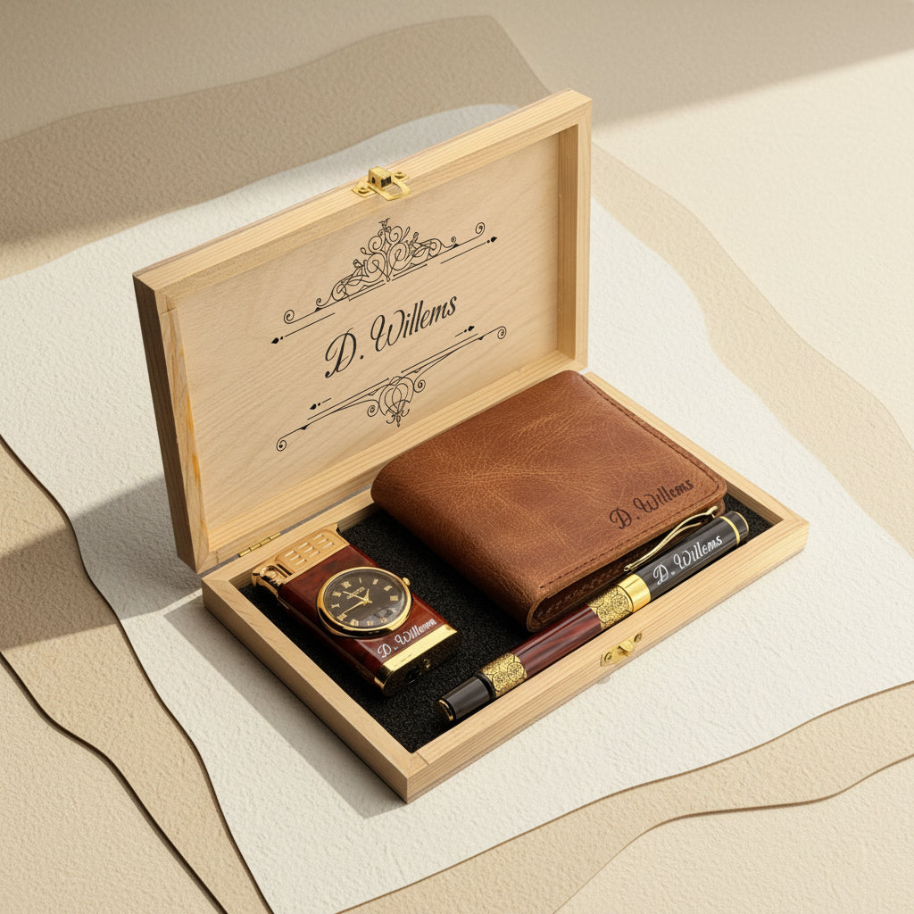 Personalisiertes Geschenkset mit Geldbörse, Stift, Feuerzeug und gravierter Holzbox.