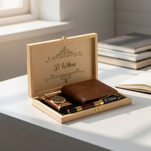 Gepersonaliseerde geschenkset met portemonnee, pen, aansteker en gegraveerde houten doos.