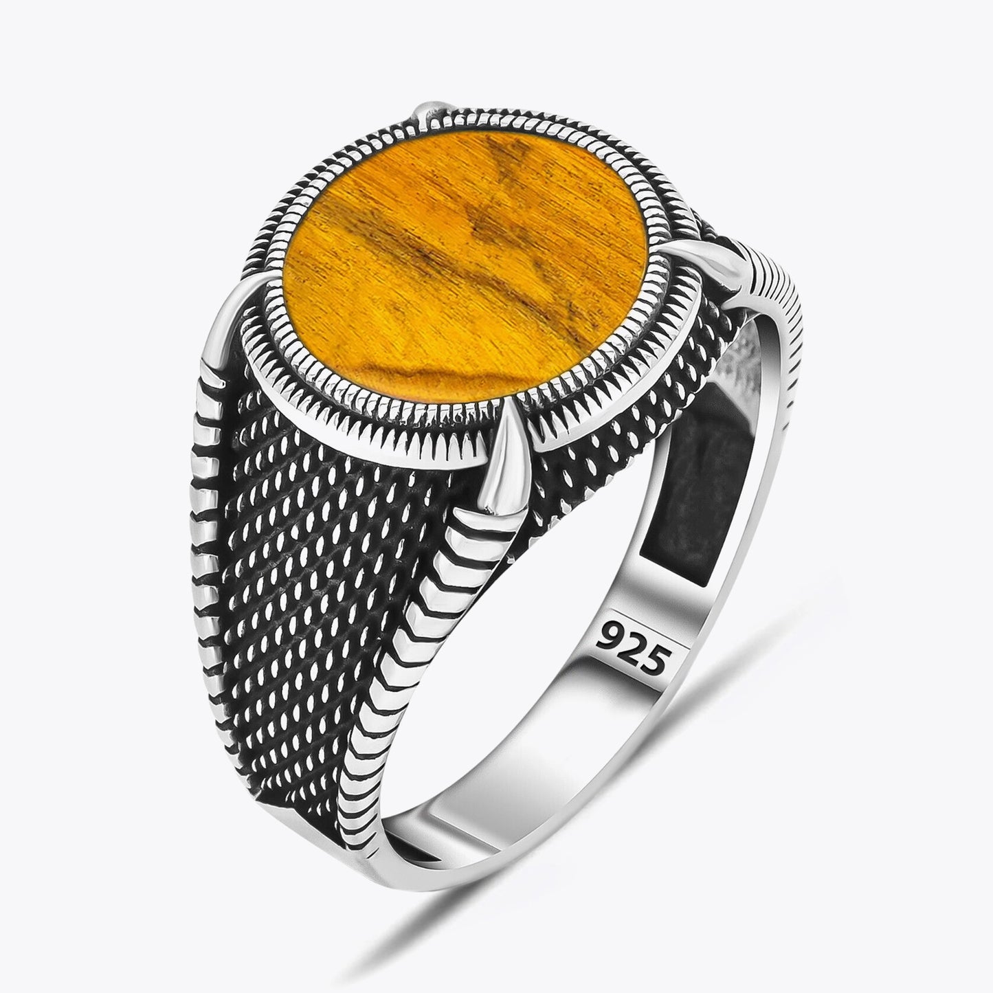 Silver Men's Ring with Tiger Eye Stone and Eagle Claw Motif - 925 Sterling Silver