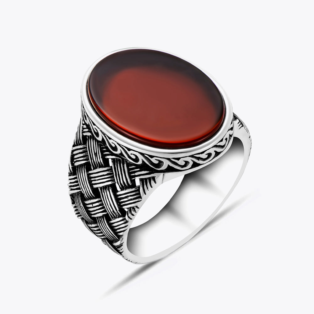 925 Silver Mens Ring With Red Agate Stone ORTBL115