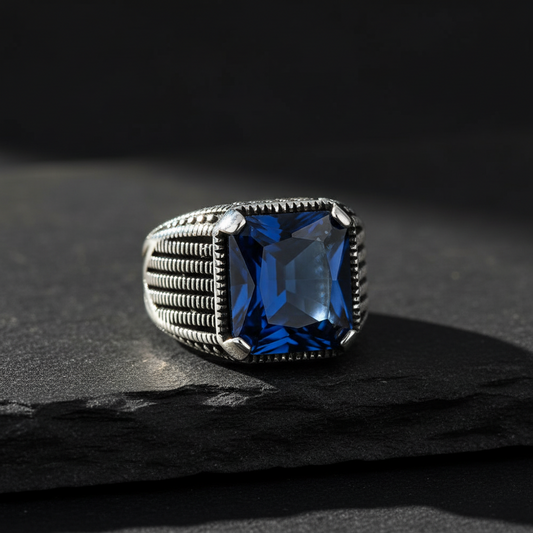 Silver men's ring with blue stone