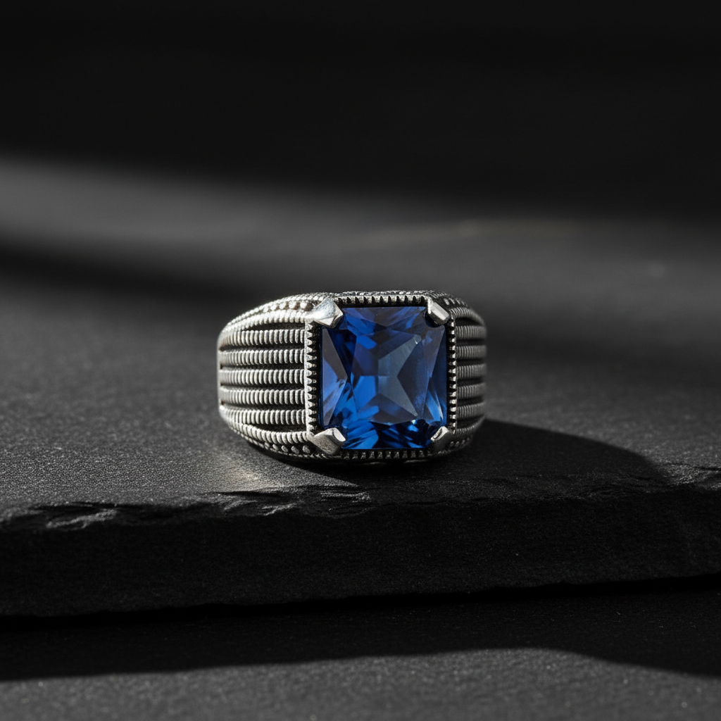Silver men's ring with blue stone