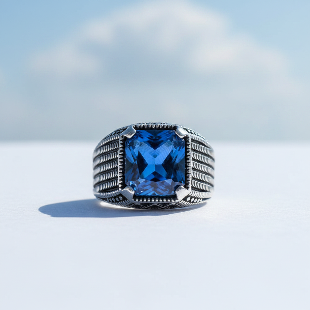 Silver men's ring with blue stone