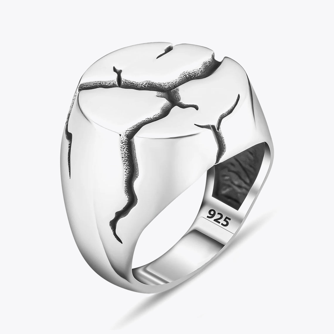 Silver Men's Ring with Cracked Motif - 925 Sterling Silver