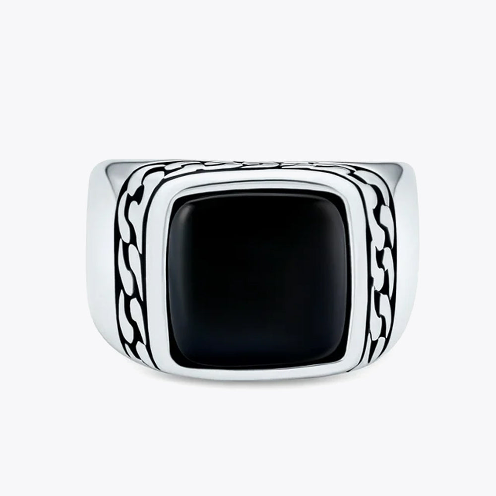 Silver Men's Ring with Black Onyx Stone and Chain Pattern - 925 Sterling Silver PLSN006