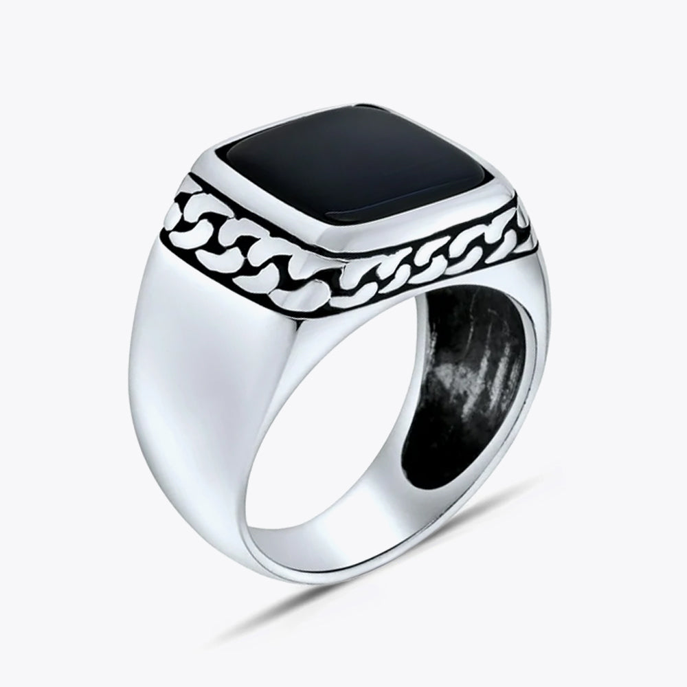 Silver Men's Ring with Black Onyx Stone and Chain Pattern - 925 Sterling Silver PLSN006