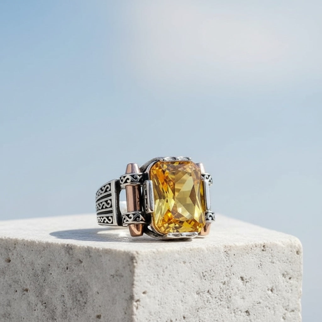 Men's ring with yellow Zirconia - 925 sterling silver