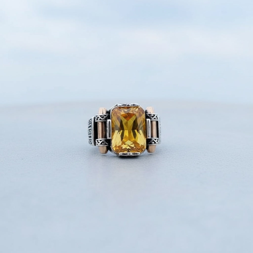 Men's ring with yellow Zirconia - 925 sterling silver
