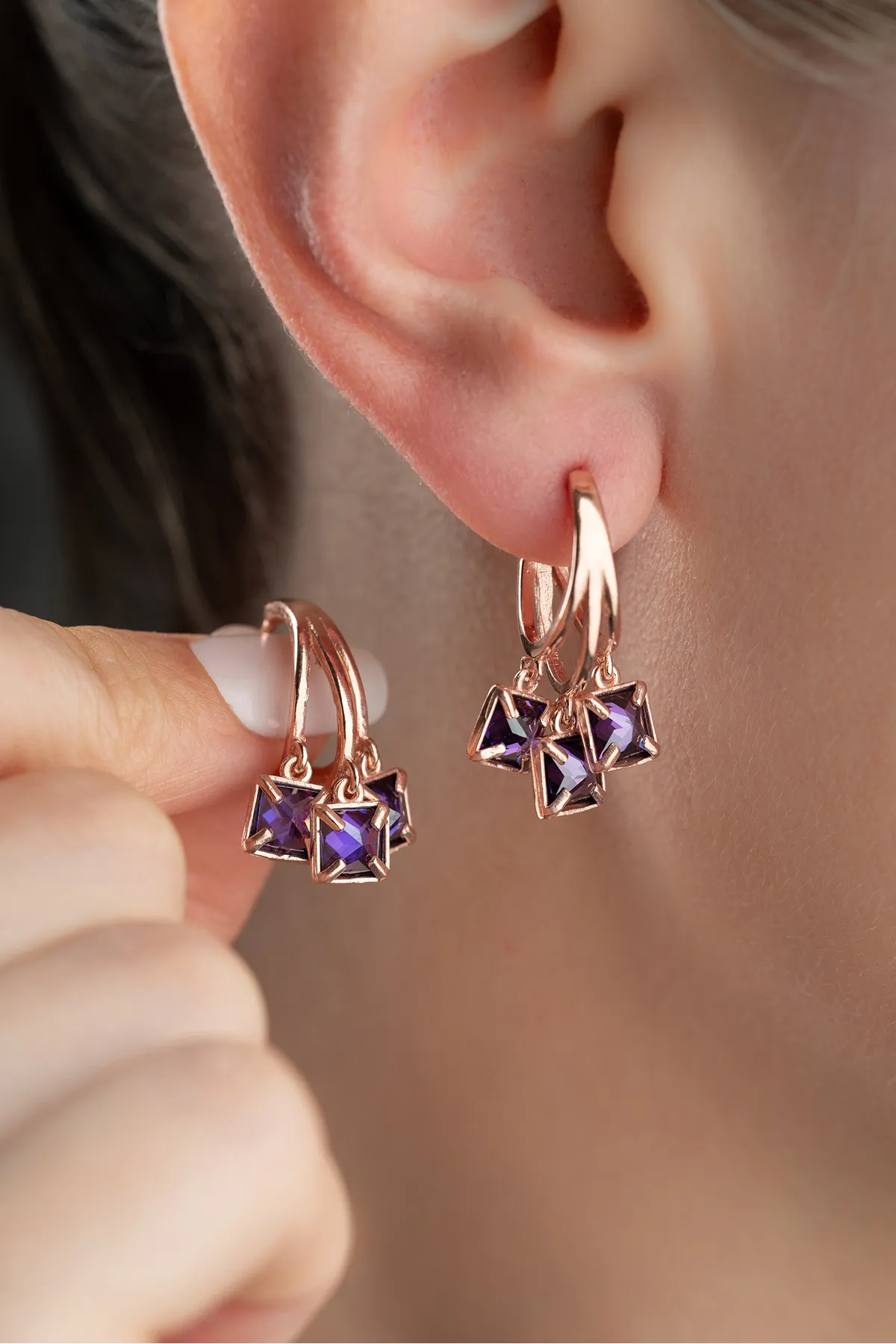Purple glow earrings - 925 sterling silver with rose gold