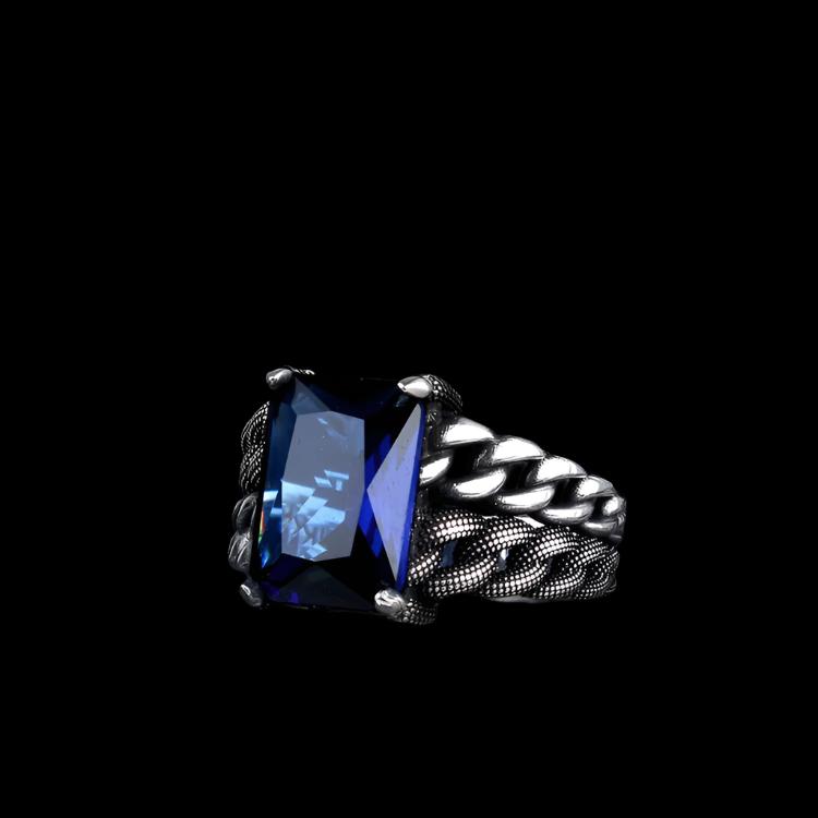 Silver men's ring with blue stone