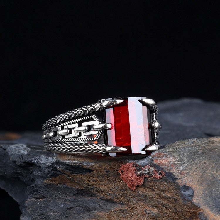 925 Silver Men's Ring With Red Stone