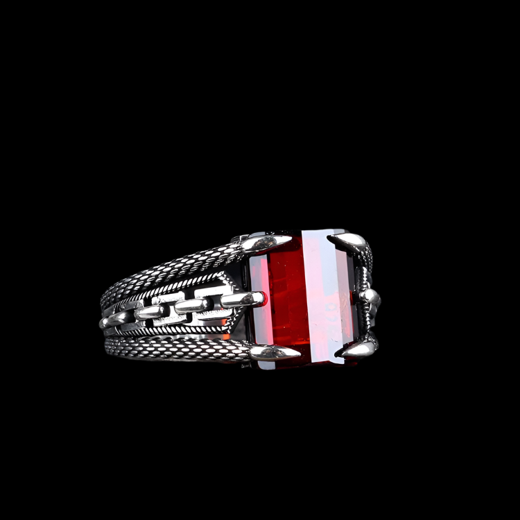 925 Silver Men's Ring With Red Stone