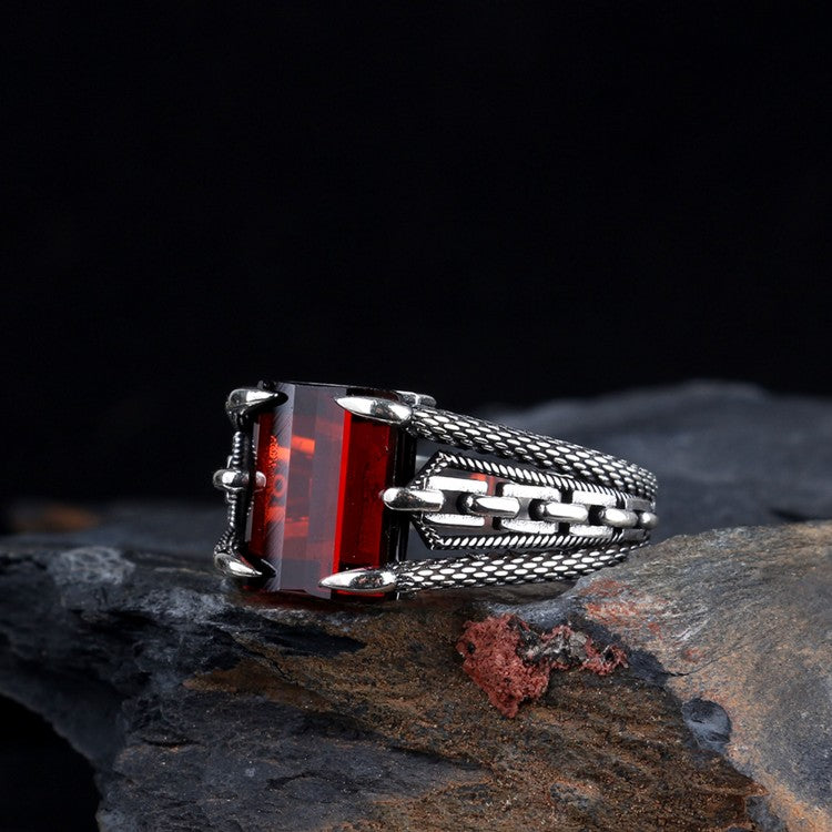 925 Silver Men's Ring With Red Stone