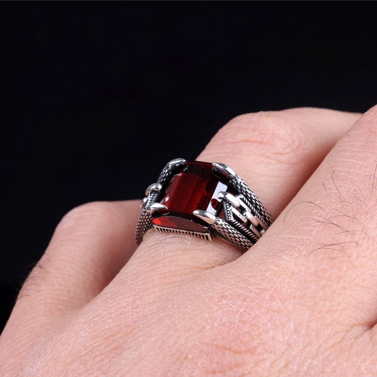 925 Silver Men's Ring With Red Stone