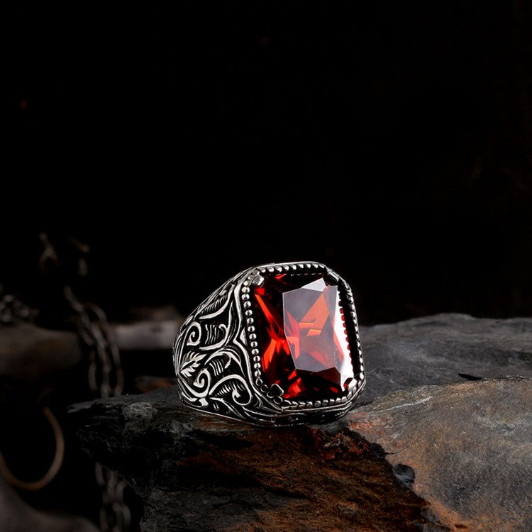 925 Silver Men's Ring With Red Stone