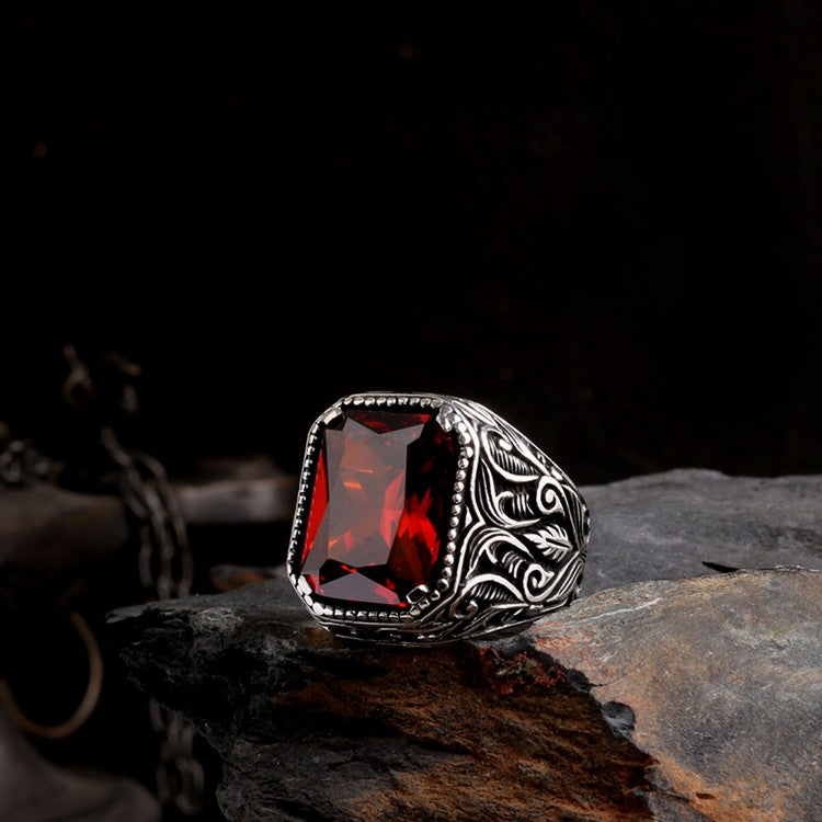 925 Silver Men's Ring With Red Stone