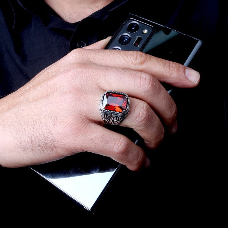 925 Silver Men's Ring With Red Stone