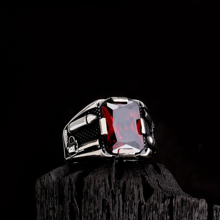 925 Silver Men's Ring With Red Stone