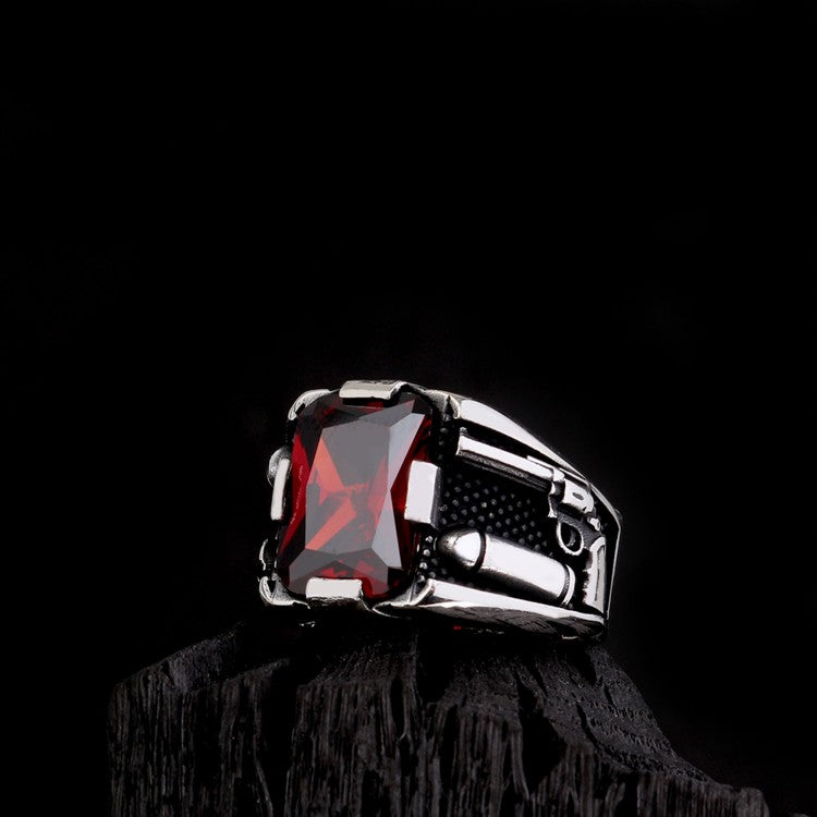 925 Silver Men's Ring With Red Stone