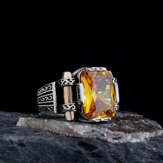 Men's ring with yellow Zirconia - 925 sterling silver