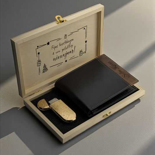Luxury Gift Set with Personal Text Box, Leather Wallet & Lighter