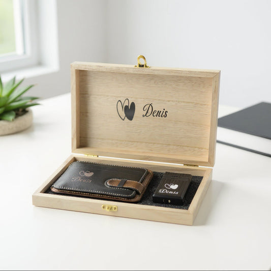 Personalized Leather Card Holder & Lighter Gift Set