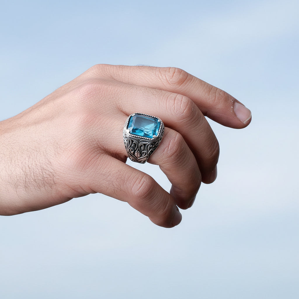 Silver men's ring with blue stone